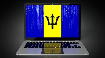 Barbados - country flag and binary code on laptop screen - 3D illustration - obrazy, fototapety, plakaty