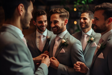 The groom and his groomsmen fastening their boutonnieres. Wedding, preparations for the wedding, bokeh Generative AI