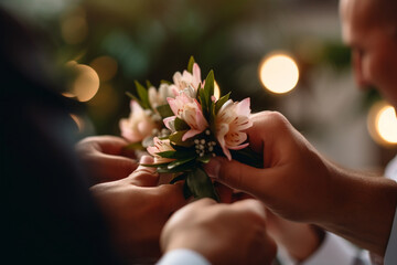 The groom and his groomsmen fastening their boutonnieres. Wedding, preparations for the wedding, bokeh Generative AI