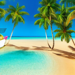 Naklejka na ściany i meble The beach is bright, palm trees sand water, rest on the beach, Generative ai