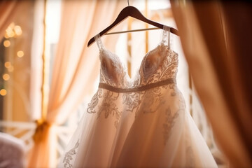 The bride's wedding gown hanging on a beautiful wooden hanger. Wedding, preparations for the wedding, bokeh Generative AI