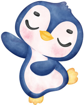 Adorable watercolor baby penguin with a joyful expression and happy pose, vibrant nursery children illustration hand painting
