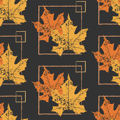 Grunge Pattern with Orange Maple Leaves on Black