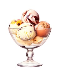 Ice cream scoops in a glass bowl on white background in watercolor style. Generative AI.