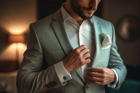 The groom adjusting his pocket square in his jacket. Wedding, preparations for the wedding, bokeh Generative AI