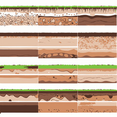 Seamless ground cross sections,layers under earth underground textures set. vector illustrations