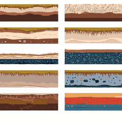 Seamless ground cross sections,layers under earth underground textures set. vector illustrations