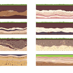 Seamless ground cross sections,layers under earth underground textures set. vector illustrations