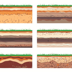 Seamless ground cross sections,layers under earth underground textures set. vector illustrations