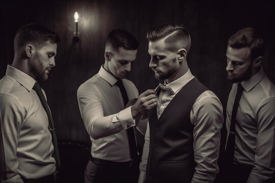 The groom and his groomsmen having a last-minute tie adjustment. Wedding, preparations for the wedding, bokeh Generative AI