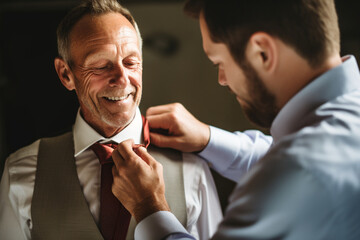 The groom's father adjusting his son's tie with pride. Wedding, preparations for the wedding, bokeh Generative AI