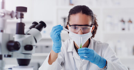 Lab worker, woman scientist and plant chemical pour of employee with science work. Laboratory mask,...