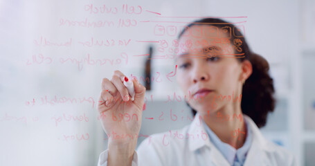 Thinking, scientist hand and woman writing on clear board for science formula research. Laboratory...
