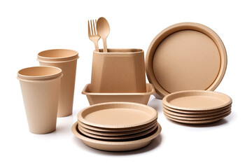 Set of various eco friendly recyclable disposable tableware isolated on white background. Generative AI
