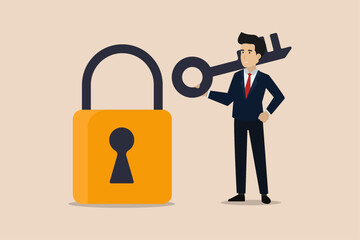 Businessman holding padlock key. Illustration of a successful businessman getting the key to open the padlock.