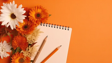 White blank notepad, pencils and a bouquet of chrysanthemums on an orange autumn background. Concept of the first of september and the beginning of the school year. Generative AI