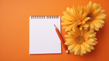 Empty notepad, pen and chrysanthemum flowers on orange background. Concept of the first of september and the beginning of the school year. Generative AI