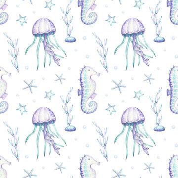 Watercolor ocean seamless pattern with jellyfish, sea horse, in purple and blue colors