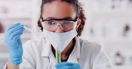 Science, medical and plant with woman in laboratory for pharmacy, agriculture and research. Biotechnology, ecology and healthcare with gmo scientist and test tube for biology, vaccine and medicine