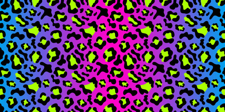 Rainbow neon leopard seamless pattern. Rainbow background, black and green spots. Long rectangular print
