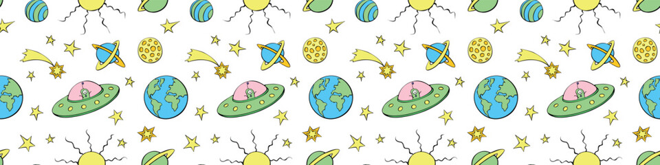 Vector color seamless childish pattern with cute aliens, planets, stars, Flying Saucers, UFO. Funny color background, texture for kids design, wrapping, wallpaper, textile, apparel