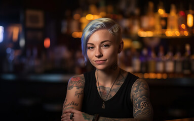 Obraz na płótnie Canvas Blonde female bartender, Crafting the Perfect Cocktail. Generative AI