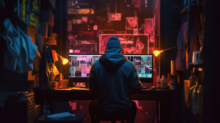 Developer or the hacker or player is seen from the back in a dark sweatshirt. Neon background