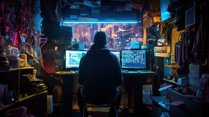 Developer or the hacker or player is seen from the back in a dark sweatshirt. Neon background