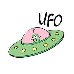 Cartoon cute funny Alien in Flying Saucer, UFO. Simple color vector illustration, icon in flat doodle style.
