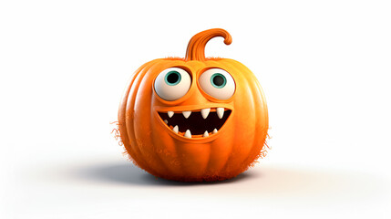 Crazy smilling pumpkin with teeth and eyes on white background with copy space.