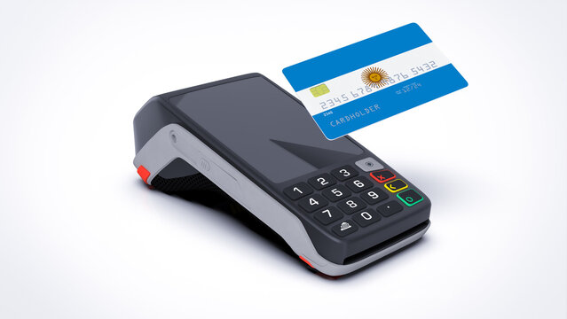 Argentina country national flag on credit bank card with POS point of sale terminal payment isolated on white background with empty space 3d rendering image realistic mockup