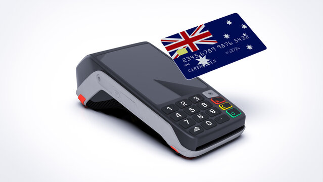 Australia country national flag on credit bank card with POS point of sale terminal payment isolated on white background with empty space 3d rendering image realistic mockup