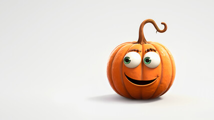 Surprised smiling pumpkin on white background with space for text.