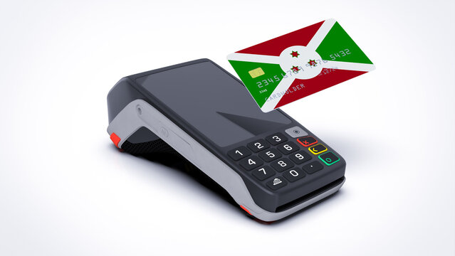Burundi country national flag on credit bank card with POS point of sale terminal payment isolated on white background with empty space 3d rendering image realistic mockup