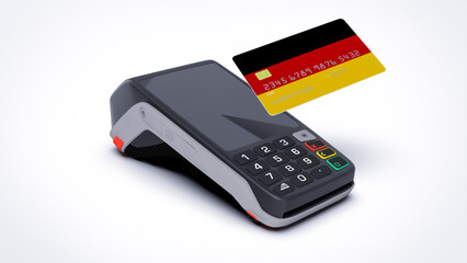 Germany country national flag on credit bank card with POS point of sale terminal payment isolated on white background with empty space 3d rendering image realistic mockup