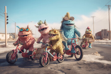 A group of cute scary ugly nightmare alien monsters having fun riding a bicycle. Generative AI illustration	
