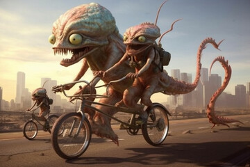 Fototapeta na wymiar A group of cute scary ugly nightmare alien monsters having fun riding a bicycle. Generative AI illustration 