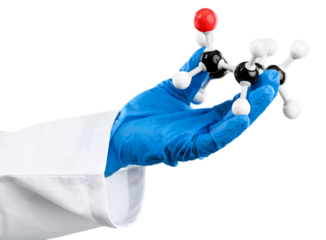 Hand scientist  in a blue rubber glove holding a 3d model of a molecular structure