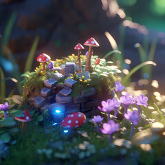 Whimsical Haven: Enchanting Fantasy Garden with Mystical Mushrooms and Alluring Flora