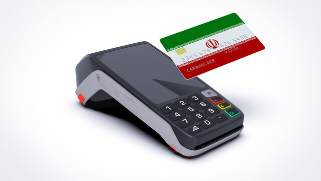 Iran country national flag on credit bank card with POS point of sale terminal payment isolated on white background with empty space 3d rendering image realistic mockup