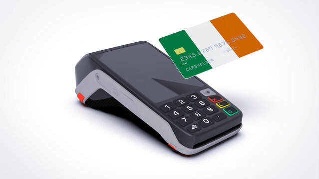 Ireland country national flag on credit bank card with POS point of sale terminal payment isolated on white background with empty space 3d rendering image realistic mockup