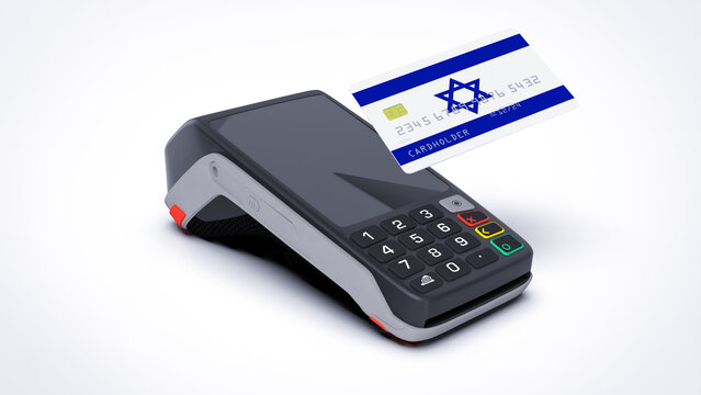 Israel country national flag on credit bank card with POS point of sale terminal payment isolated on white background with empty space 3d rendering image realistic mockup