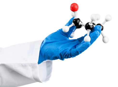 Hand scientist  in a blue rubber glove holding a 3d model of a molecular structure