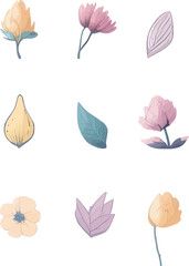 Flower And Leaf Set, Vector Watercolor Flower Design Set
