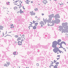 Stylish, delicate, romantic, fashionable pattern with white and purple silhouettes of plants on a pink background. Seamless vector with a variety of flowers and leaves.