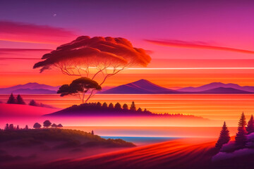 Sunset in Africa, savanna landscape, red sky, beautiful trees.