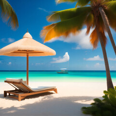Chairs And Umbrella In Palm Beach - Tropical Holiday Banner. Summer holiday and vacation concept.
