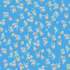 Fototapeta na wymiar Floral pattern. Beautiful flowers on a blue background. Print with small pink and blue flowers. Seamless vector texture. Spring bouquet. Stock vector.
