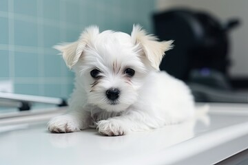 Examination of a white puppy in a veterinary clinic before vaccination. Generative AI