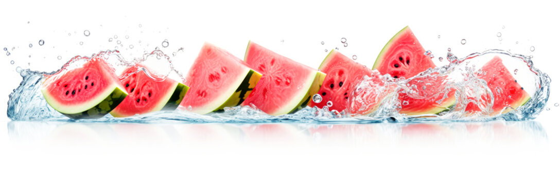 Wassermelone in Scheiben im Wasser Splash vor wei&szlig;em Hintergrund im Panorama-Format. Generative AI